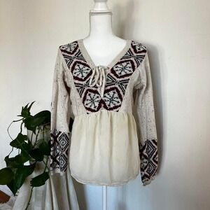 Abercrombie Babydoll Sweater 2010s V-Neck Sweater Tie Front & Sheer Layered